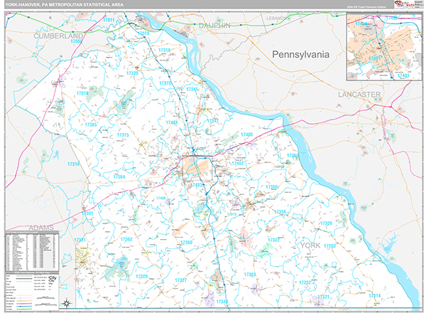 York-Hanover, PA Metro Area Wall Map